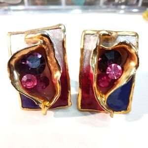 Vintage Amy Lacombe abstract clip-on multicolored rhinestone gold earrings